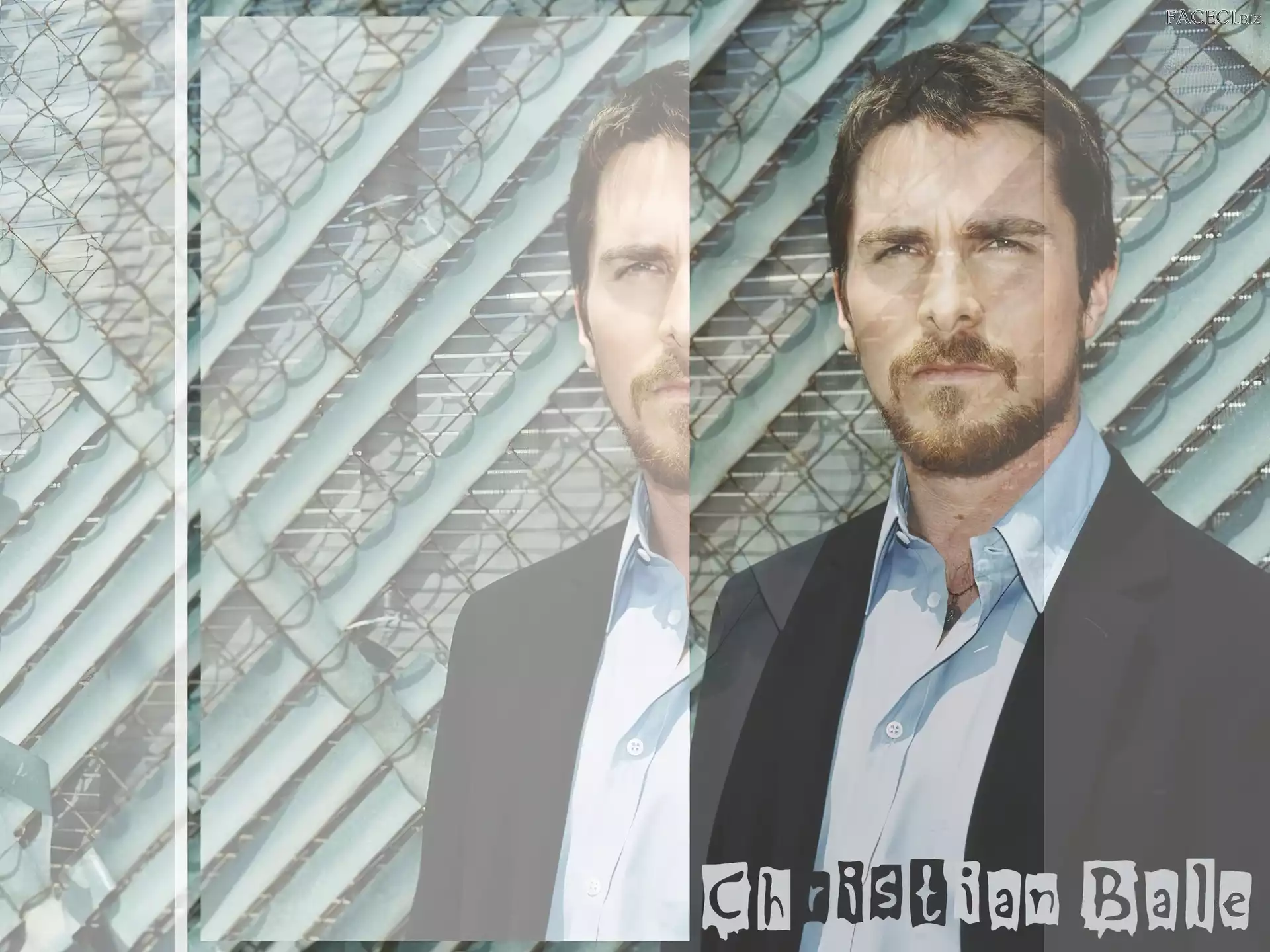 niebieska koszula, Christian Bale, czarna marynarka